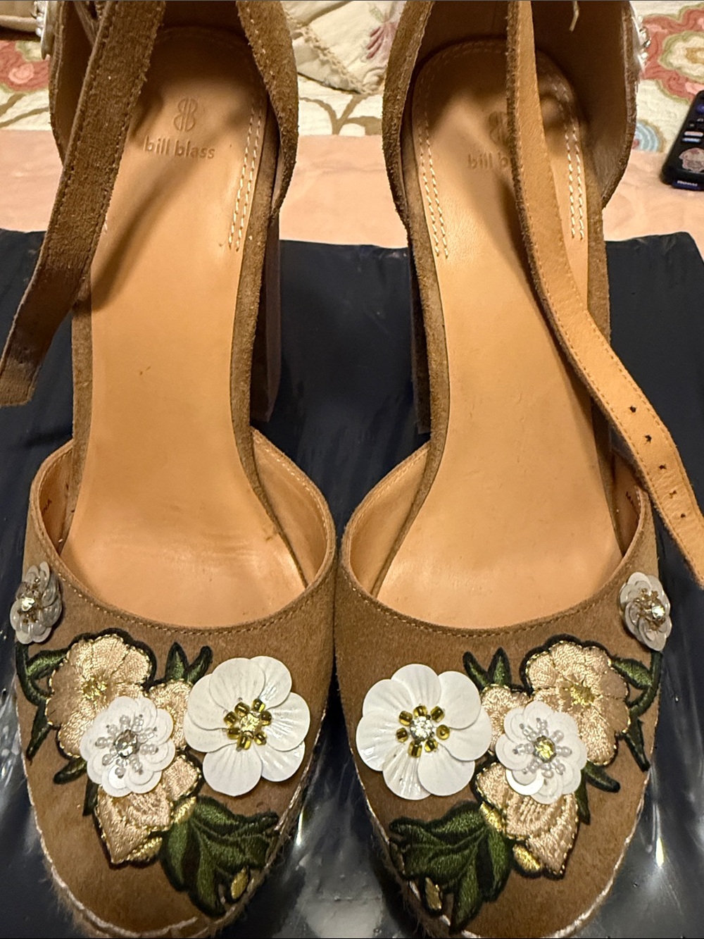 bill blass Tan Suede Wedge Sandals with White Floral Appliqués
